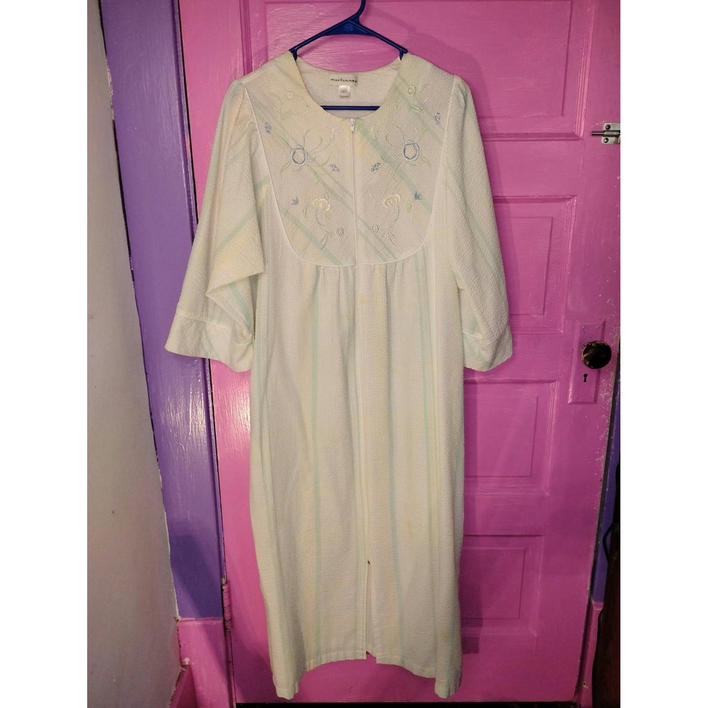 Miss Elaine Seersucker Embroidered Striped Mu Mu Housecoat Dress Robe XL